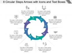 8 circular steps arrows with icons and text boxes