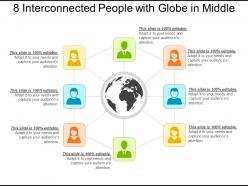 8 interconnected people with globe in middle