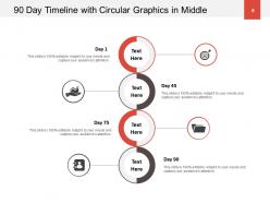 90 day timeline with circular graphics in middle powerpoint presentation slides