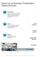 About Us For Business Presentation Styling Services One Pager Sample Example Document