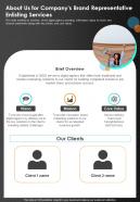 About Us For Companys Brand Representative One Pager Sample Example Document
