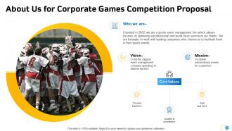 About us for corporate games competition proposal ppt slides influencers