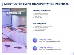About Us For Event Transportation Proposal Ppt Powerpoint Presentation Pictures Model