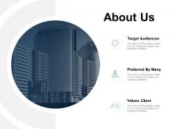 About us target audiences values client c492 ppt powerpoint presentation gallery demonstration