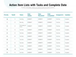 Action item lists with tasks and complete date