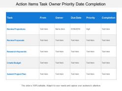Action items task owner priority date completion