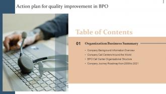 Action Plan For Quality Improvement In Bpo Table Of Contents Ppt Slides Background Images
