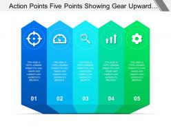 Action points five points showing gear upward arrow and magnifying glass