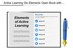 Active learning six elements open book with pen having icons