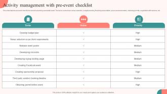 Activity Management With Pre Event Checklist Tasks For Effective Launch Event Ppt Microsoft