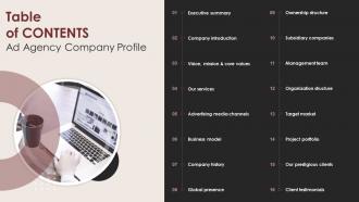 Ad Agency Company Profile Table Of Contents Ppt Summary Layout