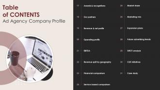 Ad Agency Company Profile Table Of Contents Ppt Summary Layout
