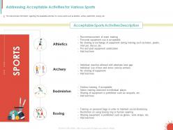 Addressing acceptable activities for various sports ppt powerpoint backgrounds