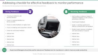 Addressing Checklist For Effective Feedback To Monitor Assessment Of Staff Productivity Across Workplace
