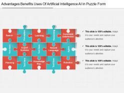 Advantages benefits uses of artificial intelligence ai in puzzle form powerpoint slides