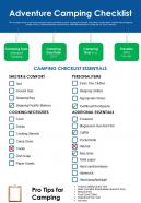 Adventure camping checklist presentation report infographic ppt pdf document