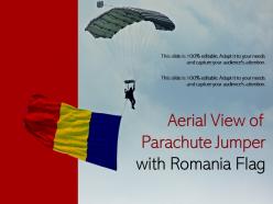 Aerial view of parachute jumper with romania flag