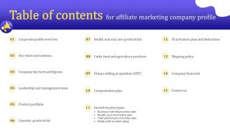Affiliate Marketing Company Profile Table Of Contents Ppt Guidelines CP SS V