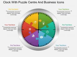 Ag clock with puzzle centre and business icons powerpoint template