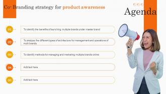 Agenda Co Branding Strategy For Product Awareness Ppt Slides Infographic Template