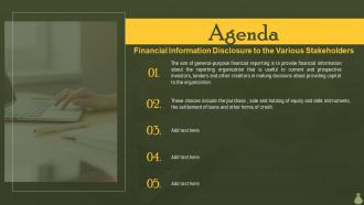 Agenda Financial Information Disclosure To The Various Stakeholders Ppt Gallery Graphics Tutorials