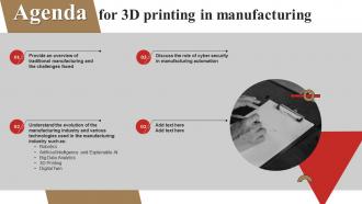 Agenda For 3d Printing In Manufacturing Ppt Slides Infographic Template