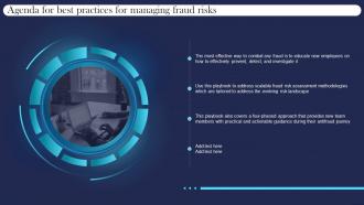 Agenda For Best Practices For Managing Fraud Risks Ppt Slides