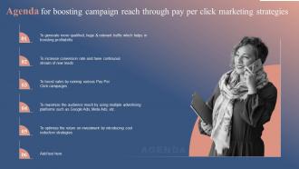 Agenda For Boosting Campaign Reach Through Pay Per Click Marketing Strategies MKT SS V