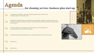 Agenda For Cleaning Services Business Plan Start Up Ppt Ideas Infographics BP SS