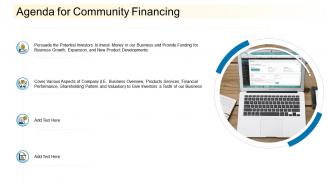 Agenda for community financing pitch deck ppt model information