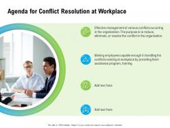 Agenda for conflict resolution at workplace making ppt powerpoint presentation infographics pictures