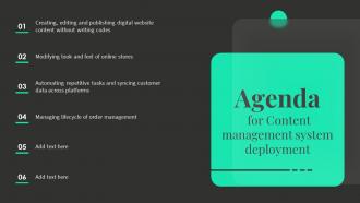 Agenda For Content Management System Deployment Ppt Slides Background Images