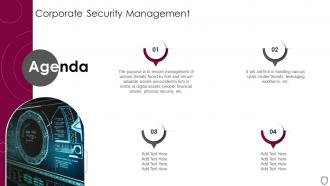 Agenda for corporate security management ppt graphics slide