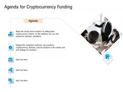 Agenda for cryptocurrency funding pitch deck for cryptocurrency funding ppt designs