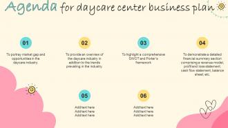Agenda For Daycare Center Business Plan Ppt Icon Slide Portrait BP SS