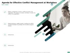 Agenda for effective conflict management at workplace providing them ppt powerpoint presentation files