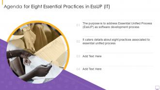 Agenda for eight essential practices in essup it ppt slides template