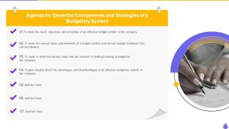 Agenda for essential components and strategies of a budgetary system