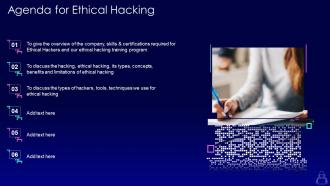 Agenda for ethical hacking ppt powerpoint presentation infographics portfolio