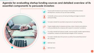 Agenda For Evaluating Startup Funding Sources And Detailed Overview Of Its Essential Components