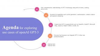 Agenda For Exploring Use Cases Of OpenAI GPT 3 Ppt Icon Master Slide ChatGPT SS V