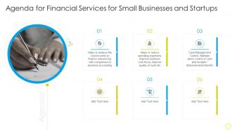 Agenda for financial services for small businesses and startups ppt slides icons