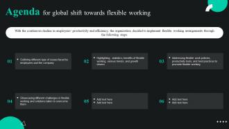 Agenda For Global Shift Towards Flexible Working Ppt Infographic Template Backgrounds