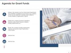 Agenda for grant funds pitch deck raise grant funds public corporations ppt slide