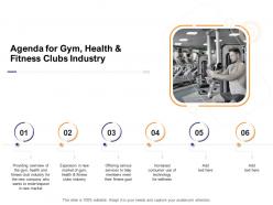 Agenda for gym health abc fitness clubs industry how enter health fitness club market ppt visual aids