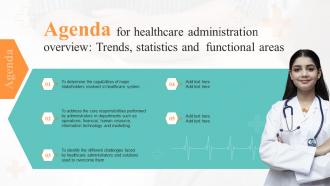 Agenda For Healthcare Administration Overview Trends Statistics And Functional Areas