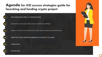 Agenda For Ico Success Strategies Guide For Launching And Funding Crypto Project BCT SS V