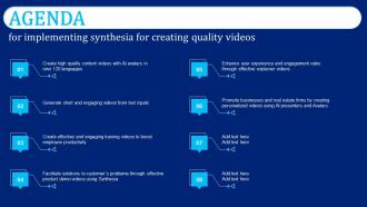 Agenda For Implementing Synthesia For Creating Quality Videos AI SS V