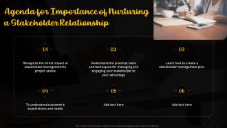 Agenda For Importance Of Nurturing A Stakeholder Relationship Ppt Slides Infographic Template