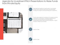 Agenda for investment pitch presentations to raise funds from private equity ppt slideshow